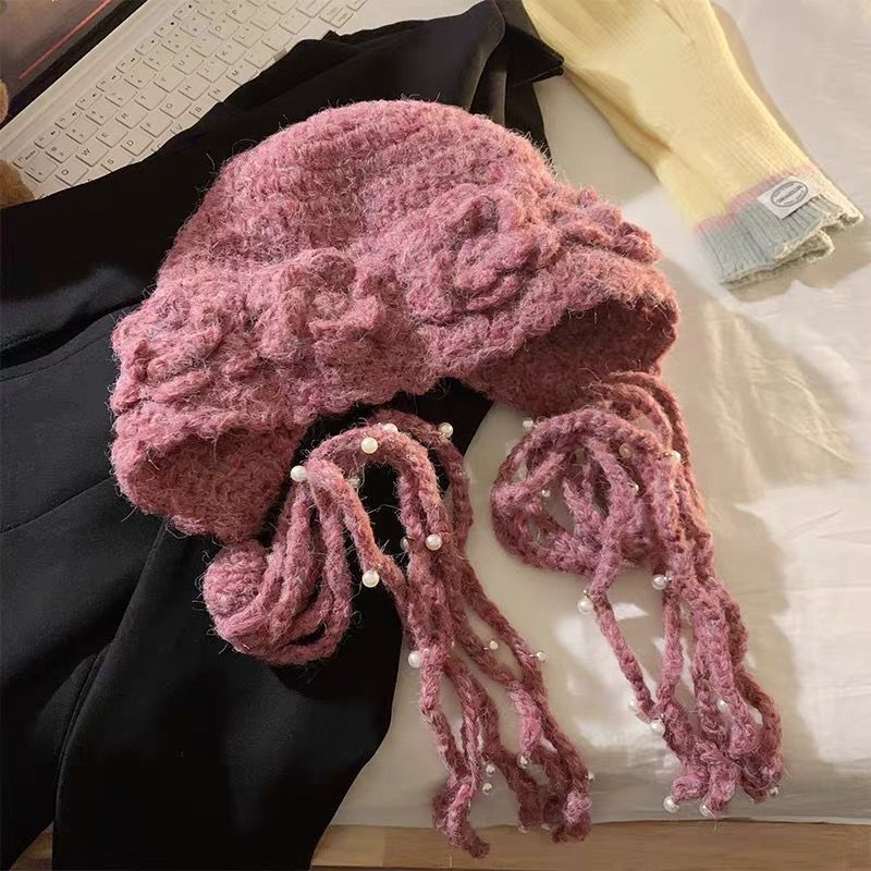 2025新款立体花朵手工针织帽子女秋冬季保暖显脸小流苏护耳毛线帽|undefined