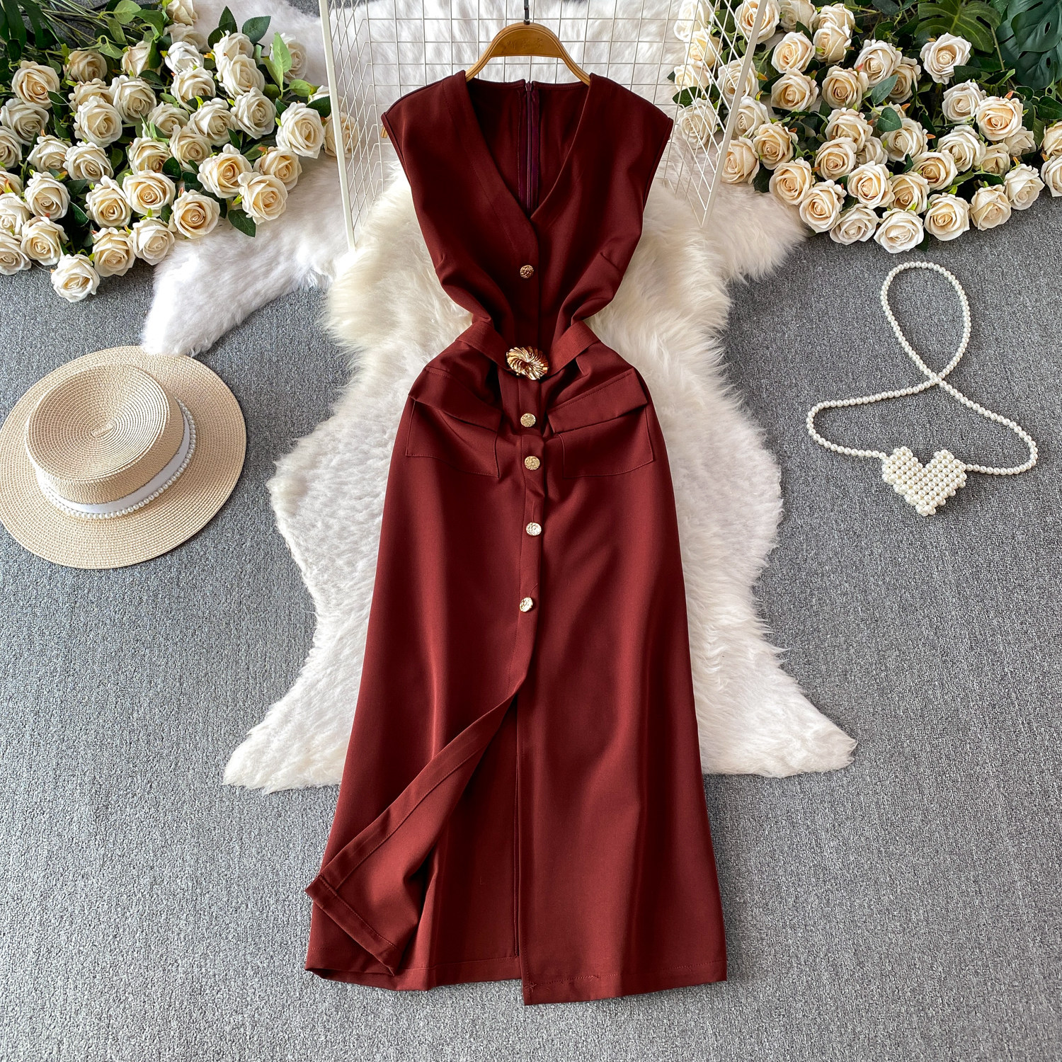Sophisticated V-Neck Sleeveless Blazer Dress With Metal Buttons, Slimming Waist & High Slit_ecoleips.com