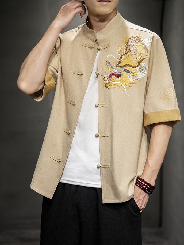 New Chinese Style Retro Pan Button Men's Dragon Embroidery Short Sleeve Shirt Casual Fashion Plus Size Men's Shirt Jacket