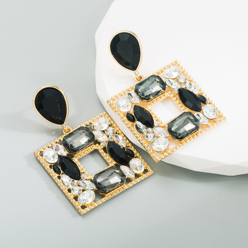 Exaggerated Square Alloy Inlay Artificial Diamond Drop Earrings