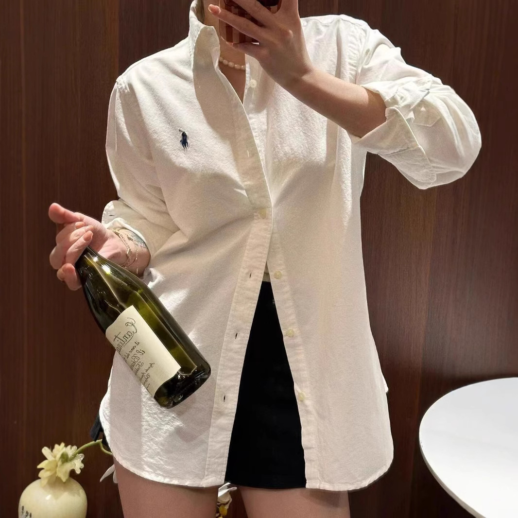 Sweep Size Classic Ralph RL Oxford Cloth Pony Embroidered Long Sleeve Linen Shirt Women's Horse Polo Shirt