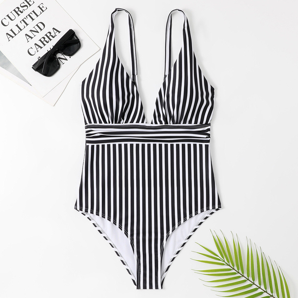 One-piece swimsuit V-neck halter swimsuit sweet striped bikini swimsuit