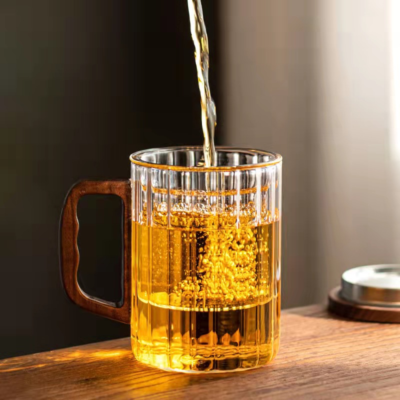 木把条纹耐热玻璃杯 茶水分离泡茶杯带茶漏 三件式办公杯批发