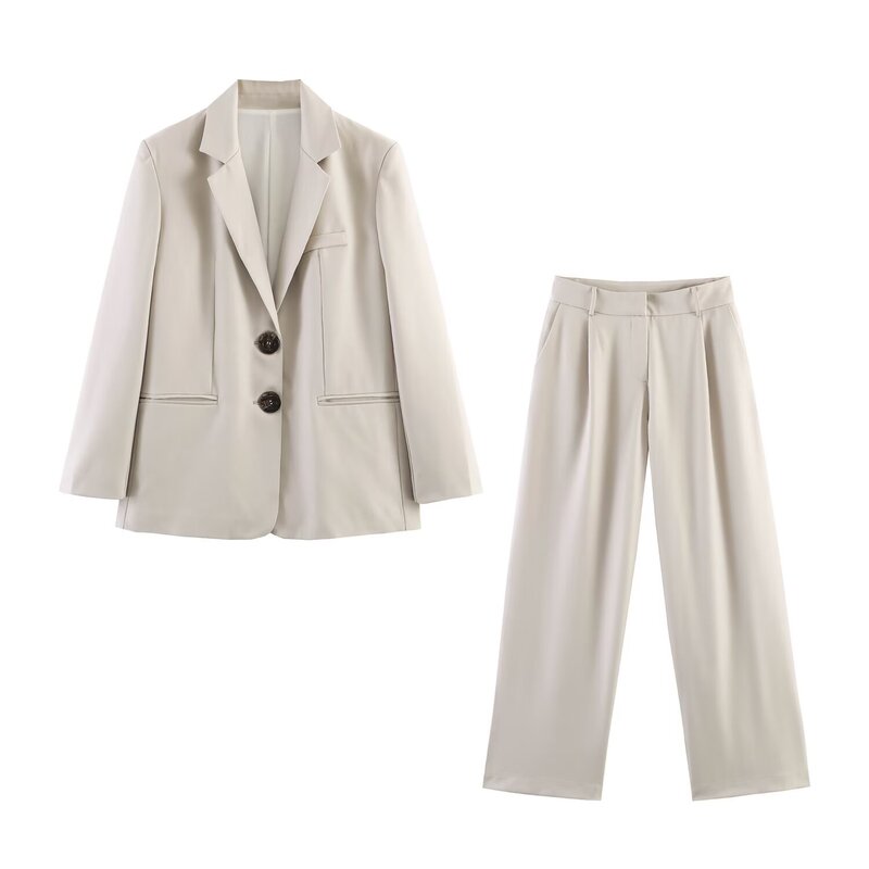 New Women's Fashion Solid Color European and American Style Double-Button Straight Blazer with Shoulder Pads and Pleated Straight-Leg Pants Set