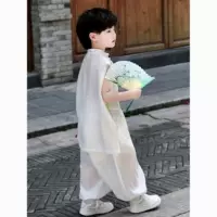 Летний костюм без рукавов в национальном стиле для мальчиков Hanfu, новинка 2025 года, детский китайский костюм Тан в древнем стиле, тонкий комплект из двух предметов, тренд.