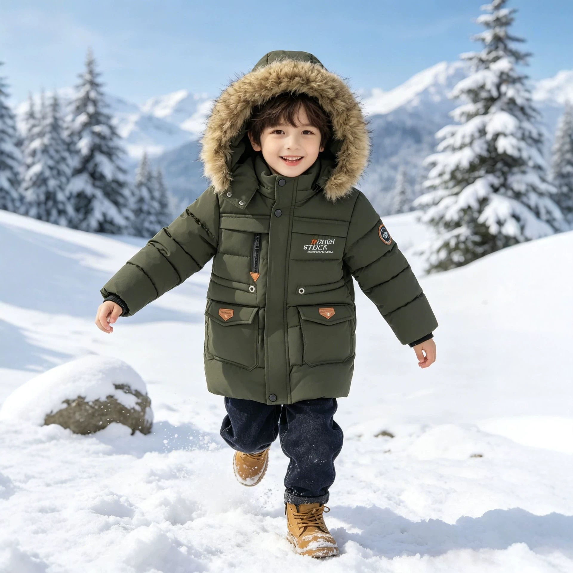 Winter New Boys' Cotton-padded Clothes Korean Style Middle and Large Children's Thickened Down Cotton Mid-length Fleece-lined Cotton-padded Jacket