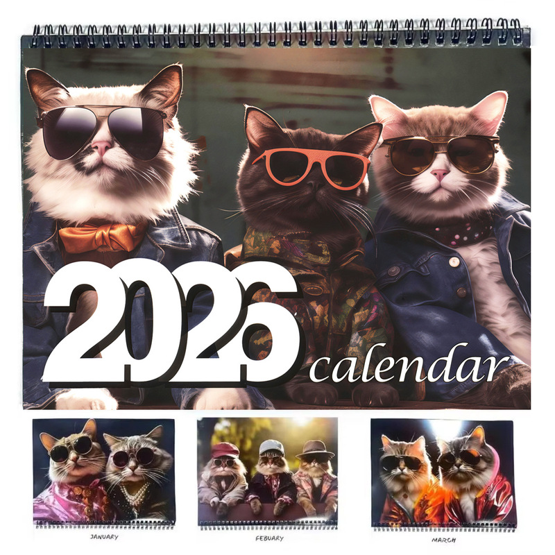 跨境 爆品 代贴标 2026 Calendar 时尚猫咪日历合集线圈台历 挂历|undefined