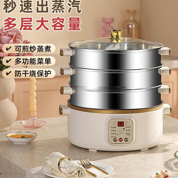 Electric Pot for Steaming and Stewing, Stainless Steel Electric Steamer, Small Electric Steamer, Multi-Functional Household Three-Layer Appointment Timer