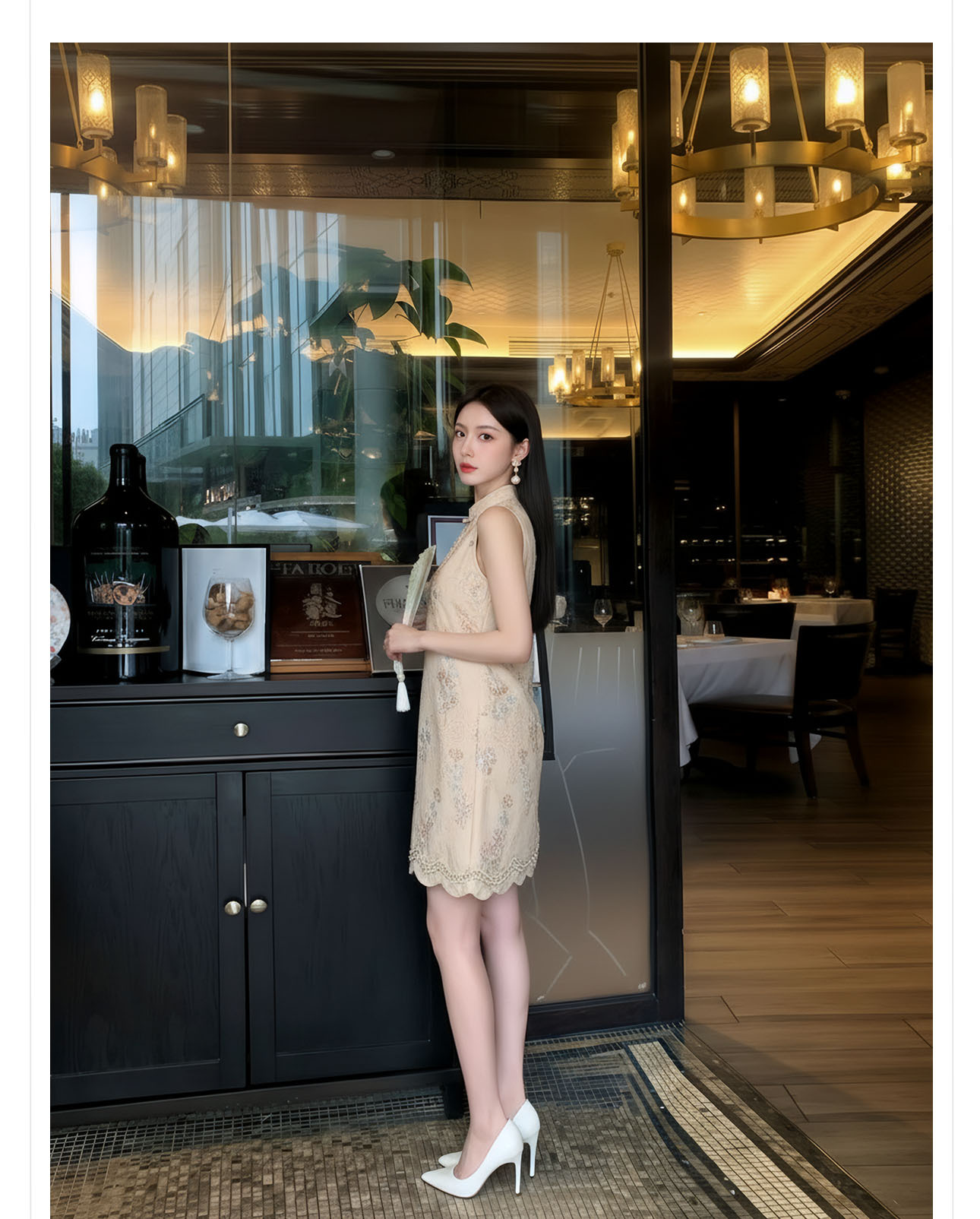 Đầm suông midi tay không họa tiết hoa nhí phong cách Tân Trung Hoa thêu hạt cườm — màu mơ chi tiết 14