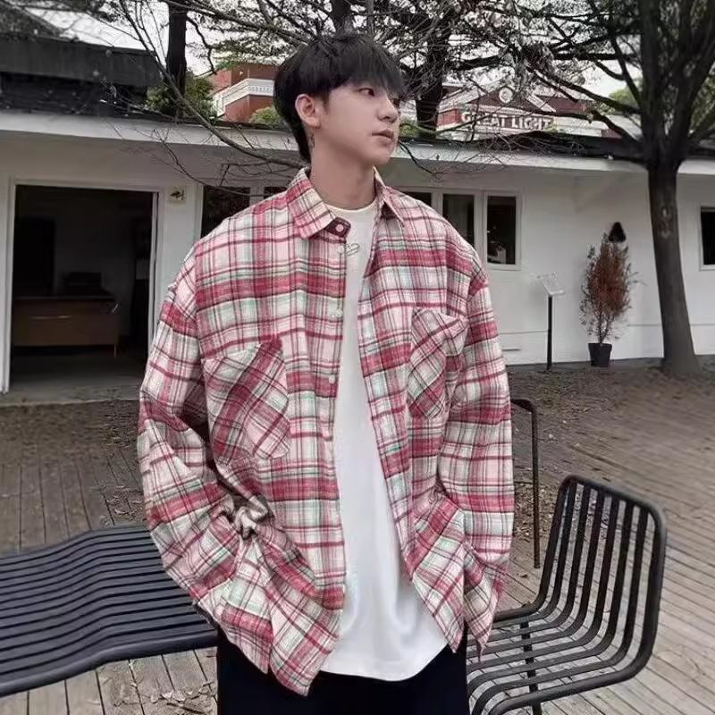 American Plaid For Men, Spring And Autumn New Loose Casual Lazy Style Long Sleeve Shirt Versatile Jacket Top_voghion.com