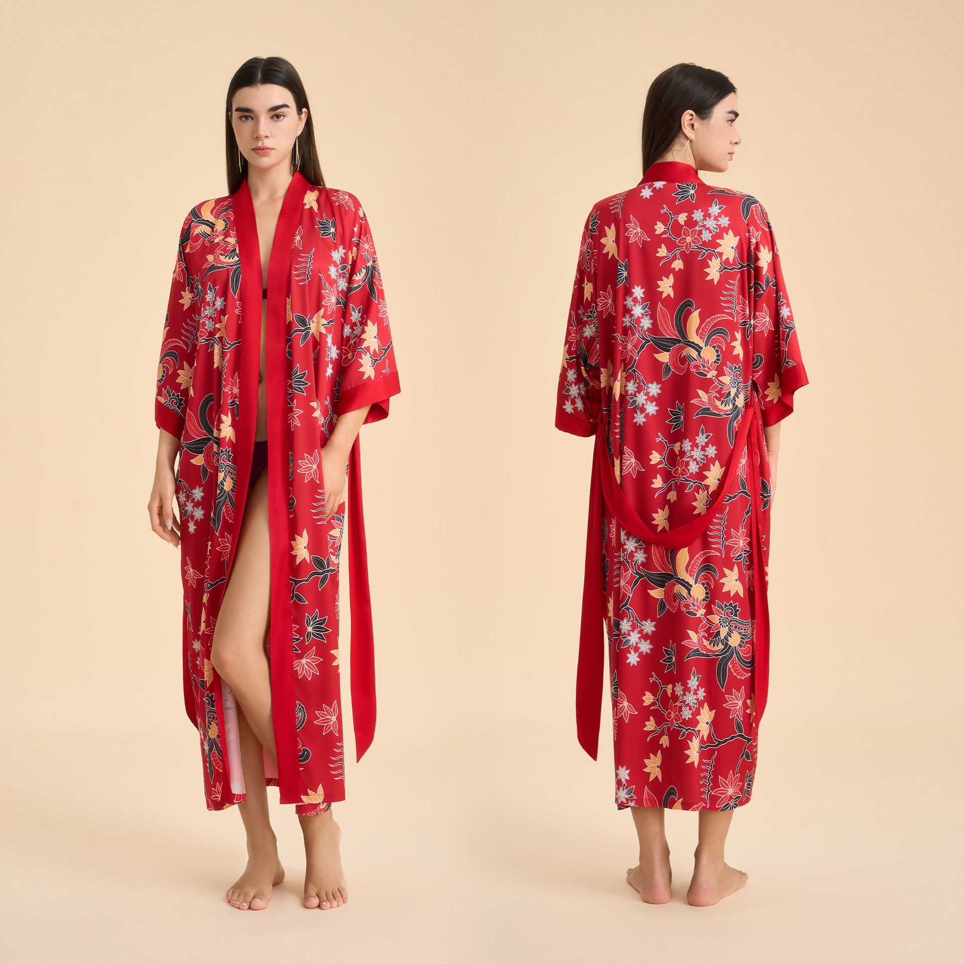 Europa y América pijamas damas primavera y otoño satén chiffon bata de baño impresión desordenada bata de dormir cómoda ropa larga para el hogar WP3976