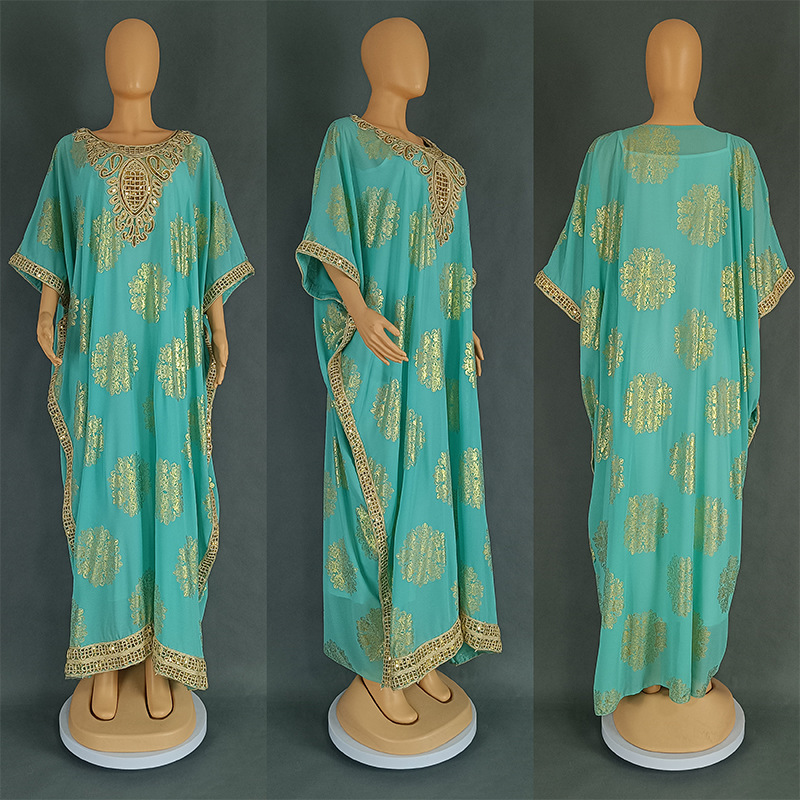 Cross-border European American Fashion Plus-size Dress, Hot-selling In The Middle East And Dubai, Gold-embossed Chiffon_ecoleips.com