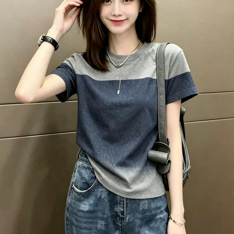 Soft Cotton 95% Cotton 5% Spandex Fashionable Color-Blocking Gradient Short-Sleeve T-Shirt for Women, Summer Loose Slimming Top, Wholesale from Manufacturer Soft Cotton 95% Cotton 5% Spandex Fashionable Color-Blocking Gradient Short-Sleeve T-Shirt for Women, Summer Loose Slimming Top, Wholesale from Manufacturer
