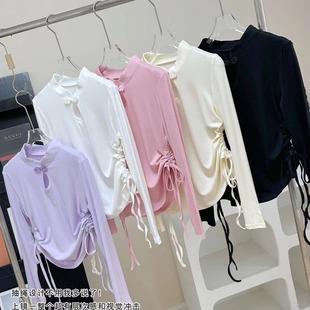 Manshile National style drawstring bottoming shirt women's new Chinese style buckle stand collar Long Sleeve T can be worn outside slim bottoming top