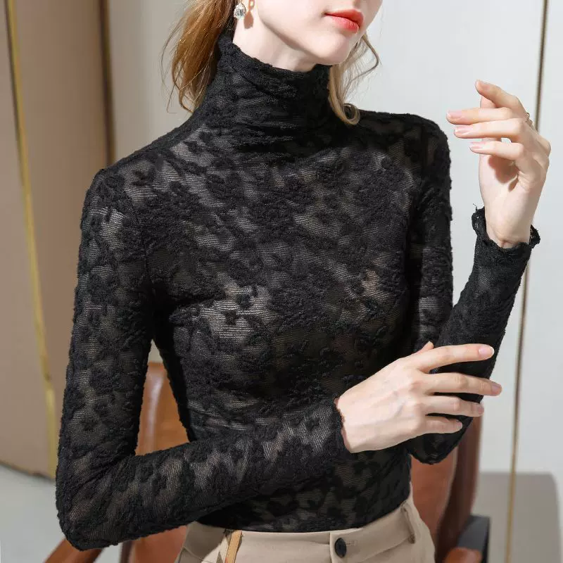半高领蕾丝叠穿打底衫内搭单穿气质小衫秋冬新款女人味长袖上衣女