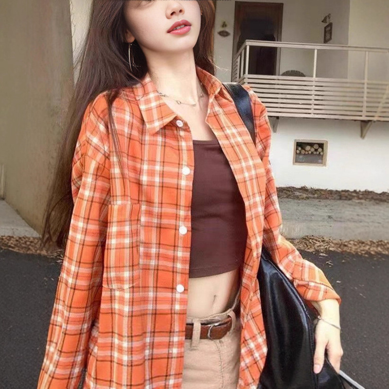 Plus Size Spring and Autum New American Retro White Orange Plaid Shirt Jacket Women's Korean Style Versatile Loose Shirt