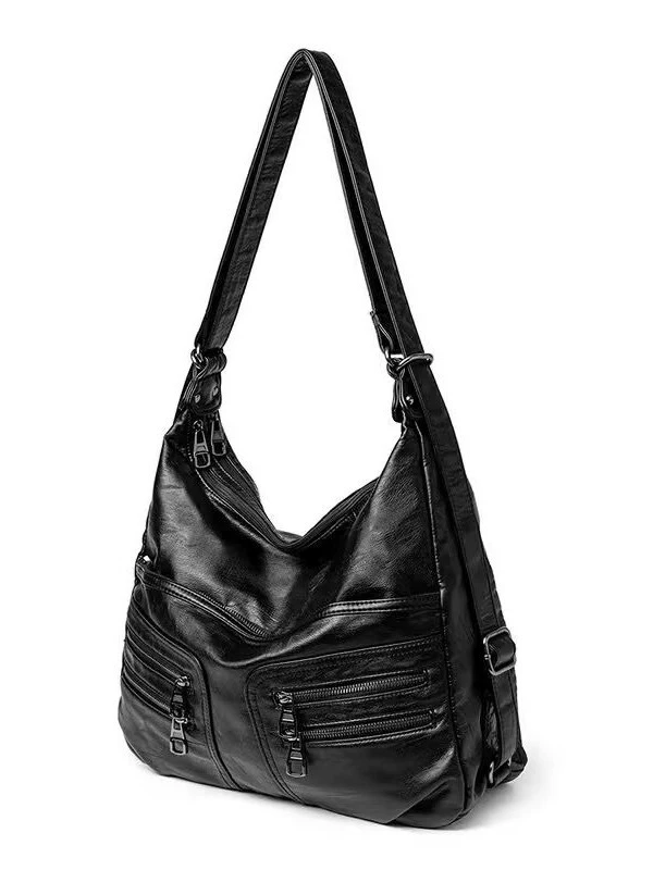 One-shoulder Bag, Genuine Leather, Spacious Shoulder Bag, Black