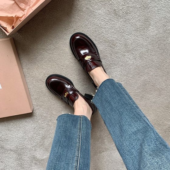 Grape Mother studiolee Frey Holiday ~ British Wind Round Head Small Gold Coin One Pedal Thick Heeled Lefu Leather Shoes