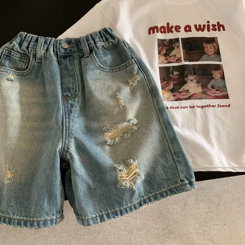 2025 новые летние детские брюки в корейском стиле, тонкие джинсы, модные шорты для мальчиков, рваные шорты до колена, брюки средней длины