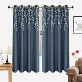【提供图片】代发叶子花卉刺绣亚麻海军蓝遮光窗帘银色索环垂饰