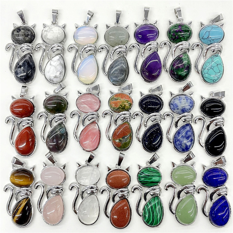 Factory Direct Sales Natural Stone Crystal Agate Cat Alloy Inlaid Amethyst and Other Pendant Necklaces Jewelry Environmentally Friendly Accessories