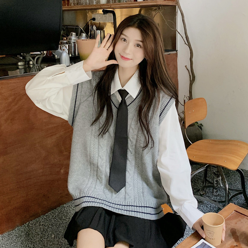 College-style Sweater Vest Women's Clothing Spring and Autumn Outer Wearing Vest Stacked Waistcoat Knitted Vest Shirt Two-piece Fashionable Suit