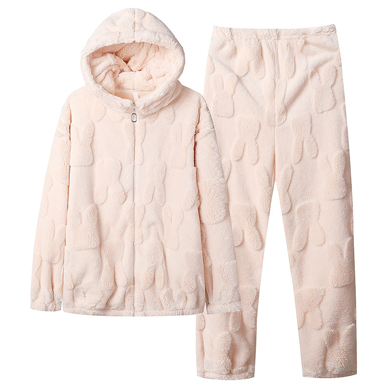 Al aire libre de las mujeres pijamas hombres Otoño e Invierno franela engrosada collar del soporte con capucha cremallera coral fleece Home wear traje