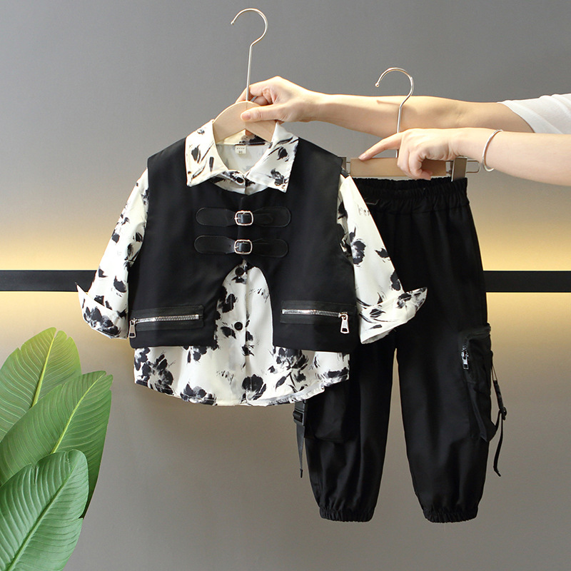 5915 Traje de otoño para niños 2025 nuevo estilo fresco y guapo ropa coreana para niños camisa de primavera y otoño traje de tres piezas