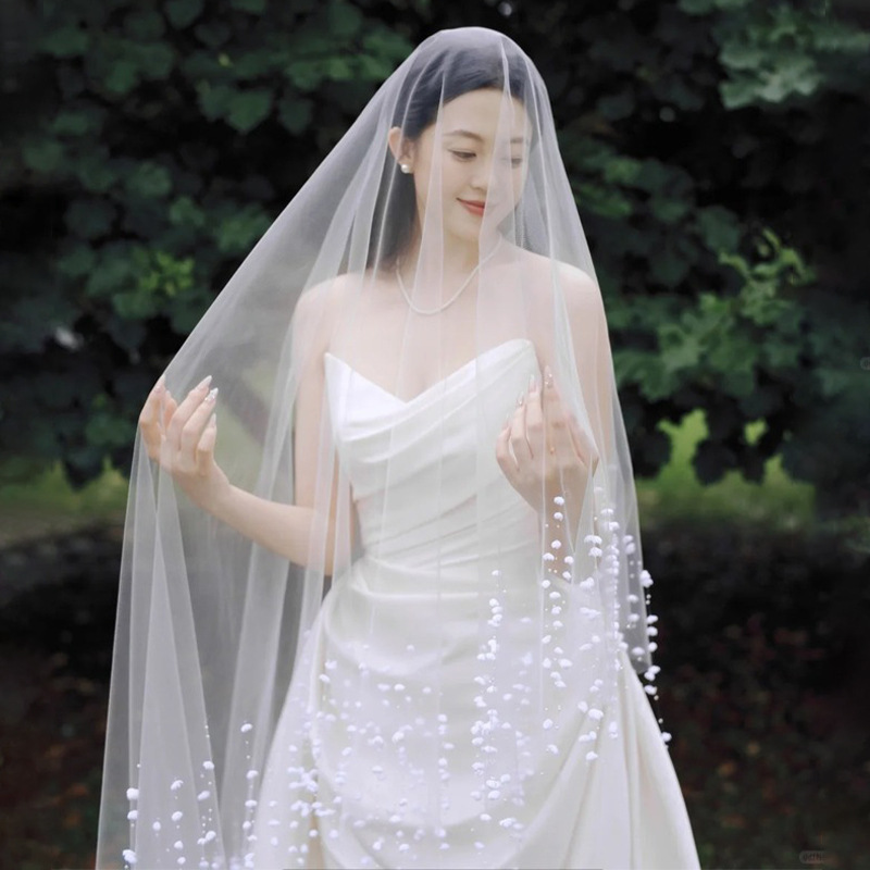 新しいスズランの花タッセルベールスーパー妖精ブライダルウェディングドレスアクセサリー写真小道具手縫いパールベール|undefined
