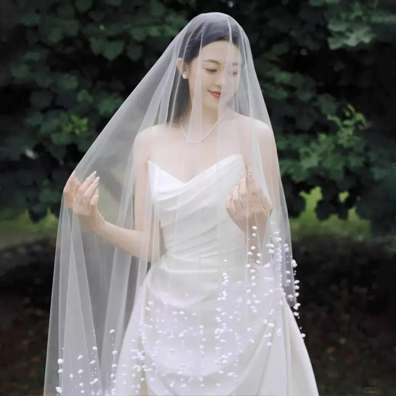 新款铃兰花流苏头纱超仙新娘婚纱礼服配饰拍照道具手工缝珍珠头纱