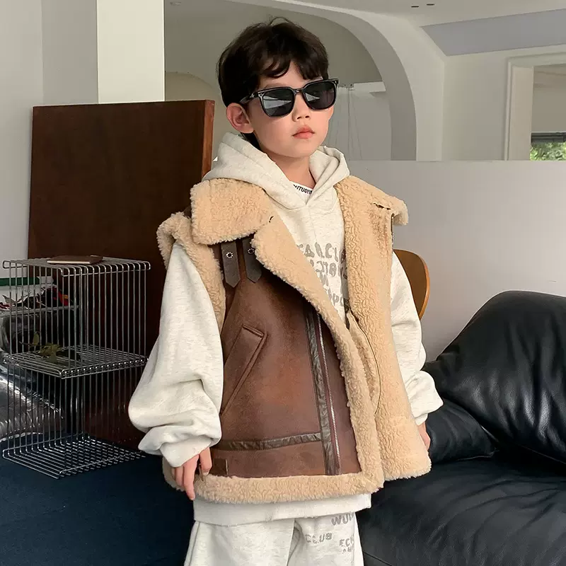 男童复古羊羔绒马甲2024冬季新款儿童韩版加厚坎肩中小童保暖外衣