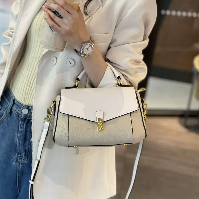 真皮女包小众百搭单肩包2025新款高级感撞色手提包时尚通勤斜挎包