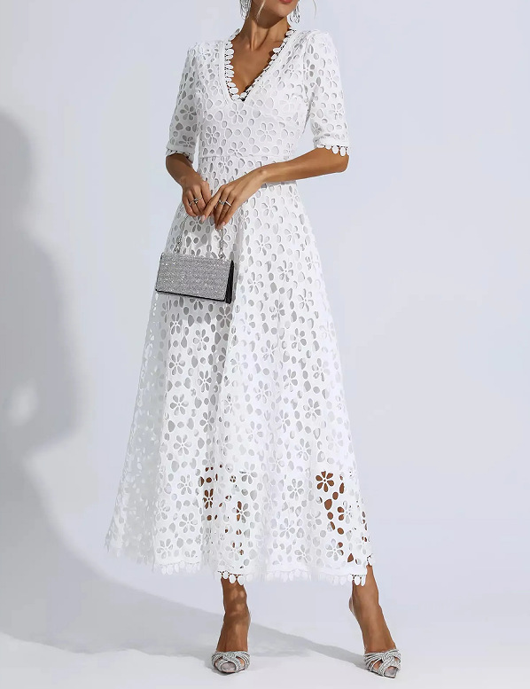 Women's Deep V Neck mid Length Lace Evening Dress Spring/Summer New Arrival European American Style Regular Size_ecoleips.com