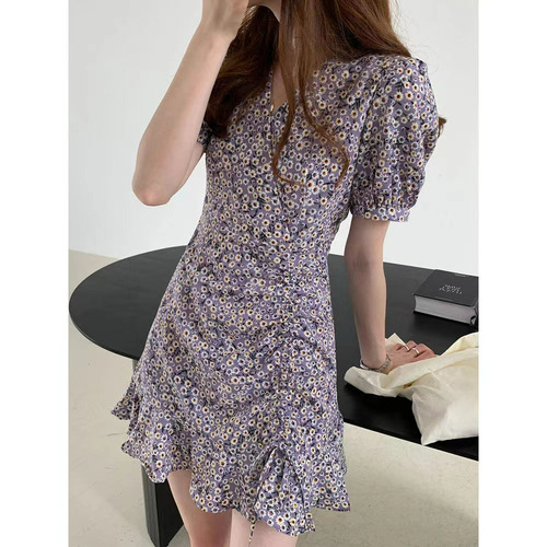 Floral Dress for Women, French Bubblesleeve Summer Fitted Waist Tied String Daisies Fish Tail Short Dress