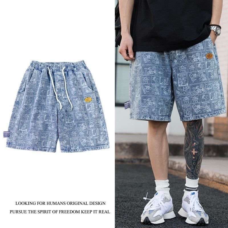 Men's Summer Denim Shorts Trendy Casual High Street Style Thin Loose Fitting Five Point mid Length Pants_viptrois.com