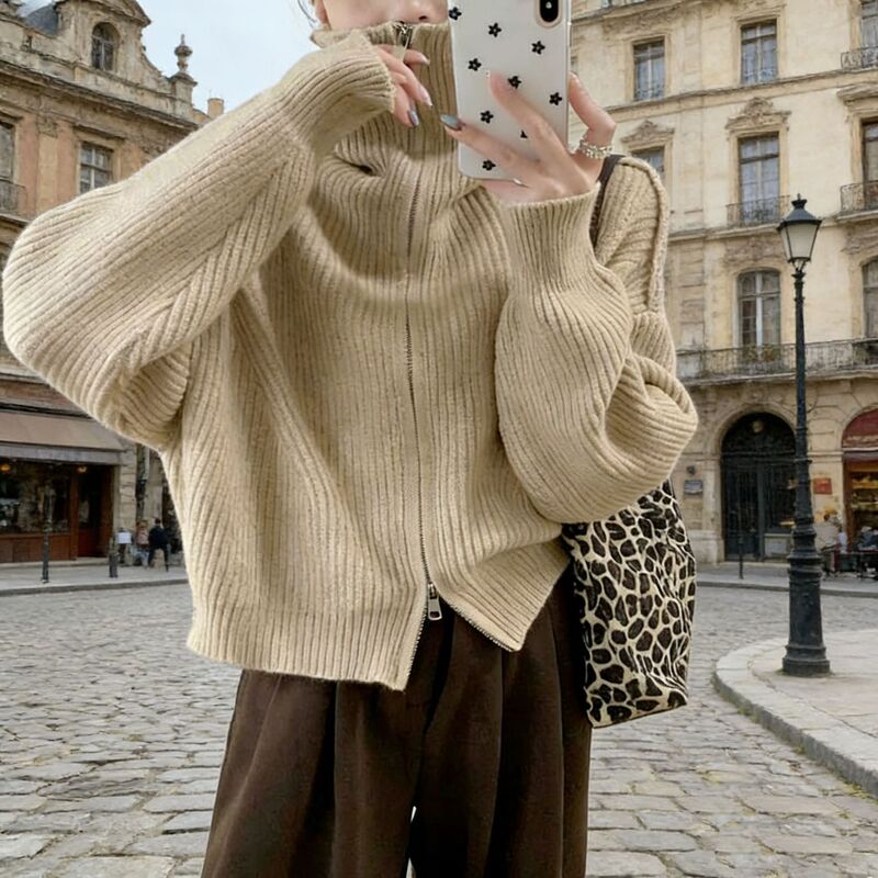 Short Zipper Cardigan Autumn and Winter New Shawl Collar High Collar Coat Women's Core-Spun Yarn