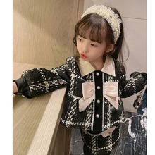 2022韩版女童秋装新款套装女宝宝大格子撞色小香风外套裙子两件套