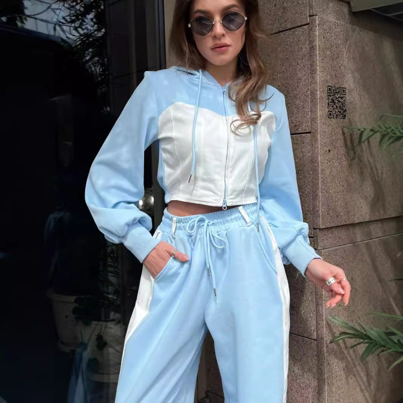 2026 Cross-Border European and American Style Fashion Casual Sweatshirt Set Denim Patchwork Hooded Top and Long Pants Two-Piece Set for Women 2026 Cross-Border European and American Style Fashion Casual Sweatshirt Set Denim Patchwork Hooded Top and Long Pants Two-Piece Set for Women