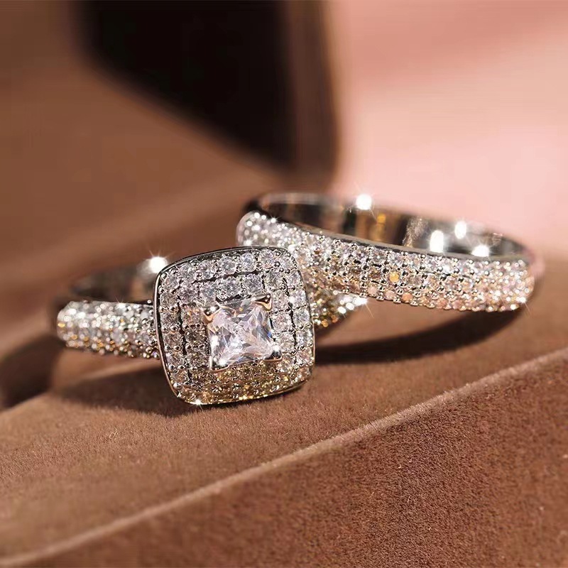 new full diamond micro inlaid couple princess diamond ring set fashion high end luxury engagement ring_voghion.com