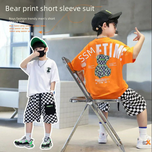 Children's Men's Summer Outfit Set 2024 New Middle-Size Kids Summer Sporty Trend Boy Short Sleeve Pants Two-Piece Set