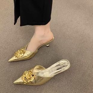 2025 Spring New Women's Shoes Fashion Style Metal Camellia Pointed Toe Stiletto High Heel Toe Half Slippers Women's Shoes