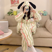 三层夹棉珊瑚绒睡衣女冬季保暖加厚加绒可爱女士法兰绒家居服套装