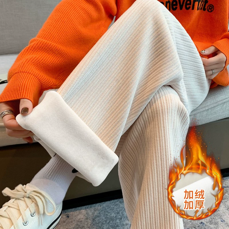 Осенне-зимние кремовые женские брюки на флисовой подкладке, новинка 2025 года, повседневные прямые брюки длиной до пола, свободные универсальные широкие брюки из синели