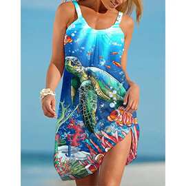 外贸跨境2024夏季新款海底世界海龟3D印花欧美女装休闲吊带连衣裙