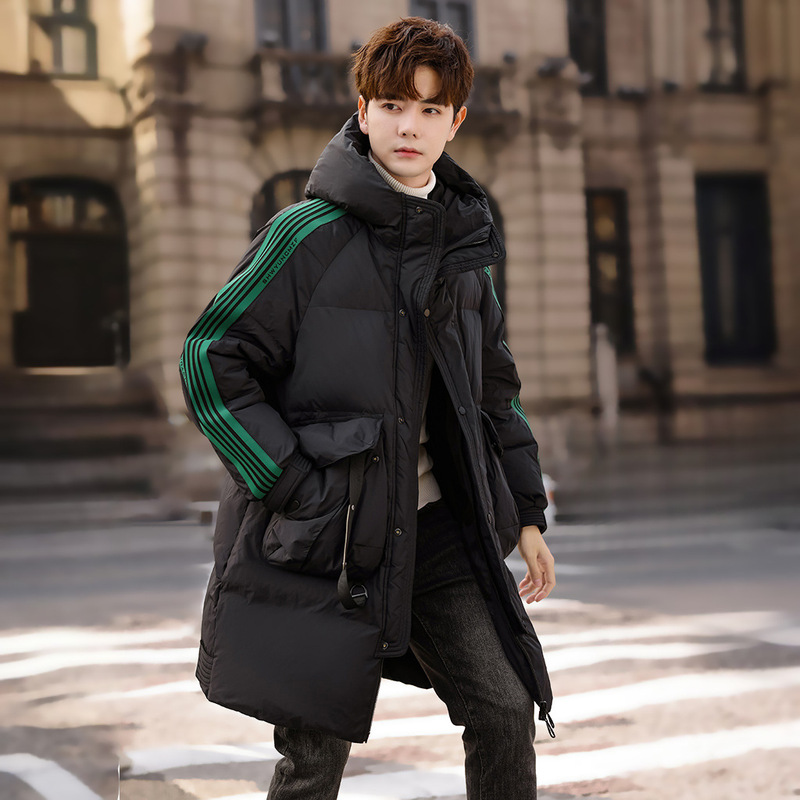Striped down jacket men's mid-length youth 2023 Winter new thickened coat contrast color fashion brand student parka Striped down jacket men's mid-length youth 2023 Winter new thickened coat contrast color fashion brand student parka