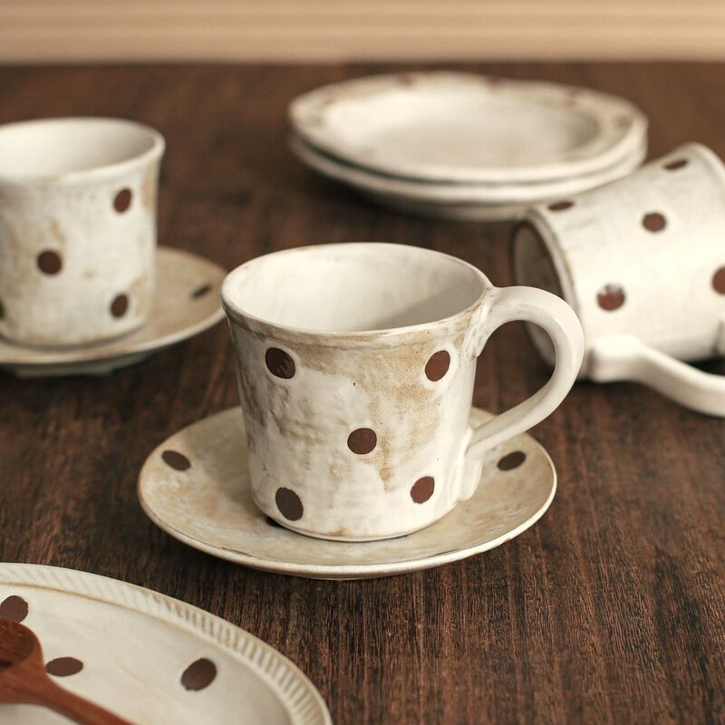 Vintage distressed polka dot coffee cup and saucer, wabi-sabi style, handmade in Jingdezhen, rustic ceramic mug, Japanese-style ambiance water cup Vintage distressed polka dot coffee cup and saucer, wabi-sabi style, handmade in Jingdezhen, rustic ceramic mug, Japanese-style ambiance water cup