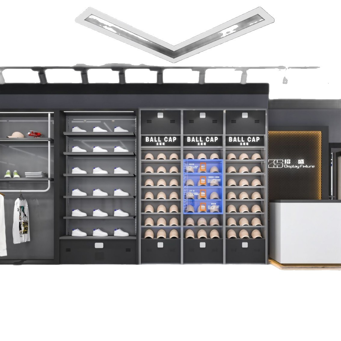 con lámpara en la pared de la tienda de ropa de hombre estantes de decoración de la tienda de ropa de alta gama estante de exhibición estante de exhibición tipo piso