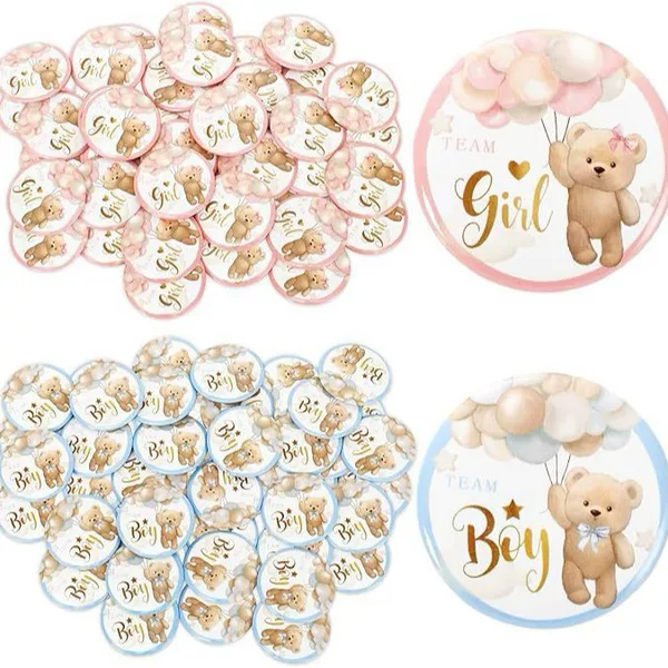 Baby Shower Team Boy Badge Gender Reveal Party Team Girl Badge Balloon Bear Badge