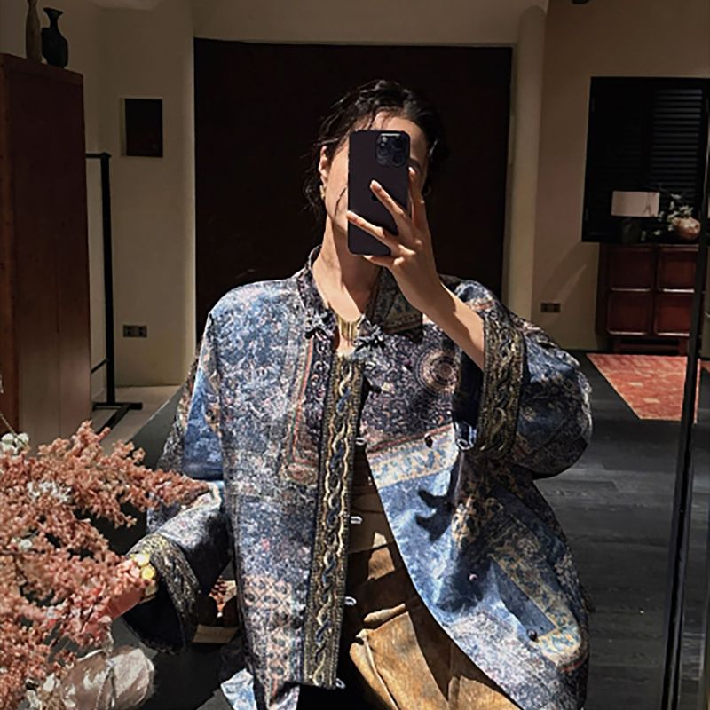 新中式国风缎面提花印花外套秋季高端新款气质刺绣棉服女装 N9071|undefined