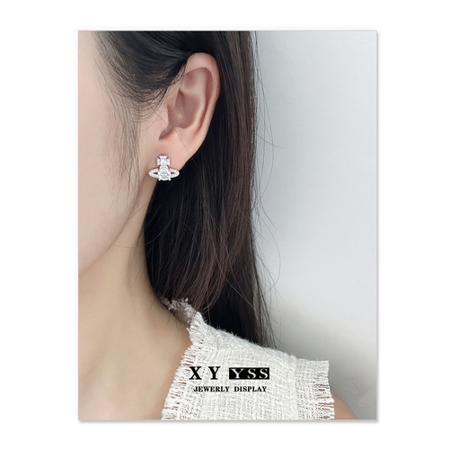 Saturn Full Diamond Super Flash Earrings for Women Exquisite, Small, Sweet and Cool Roman Cross Niche European and American Trendy Ear Clip Earrings